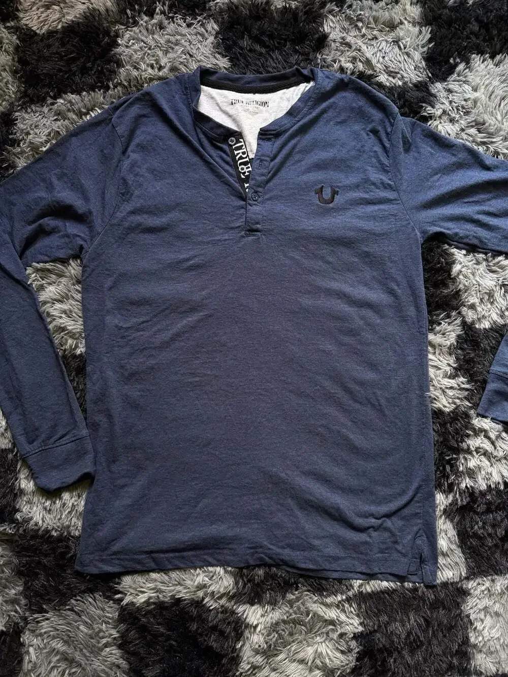 True Religion Men's Long Sleeve Henley Shirt in Navy Blue with Logo Embroidery